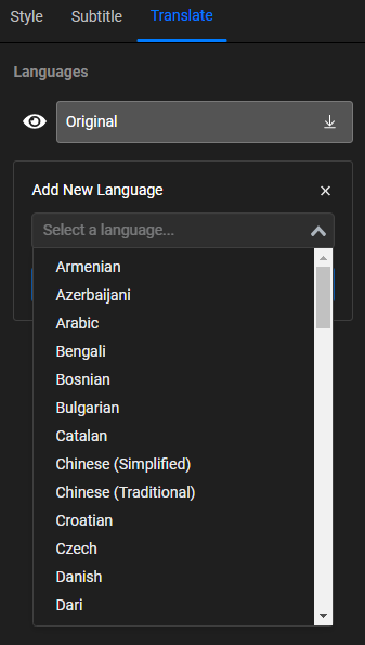 select language for translation on flixier